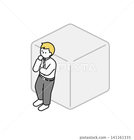 Isometric illustration: A man leaning against a square box and thinking. Isometric illustration: A man leaning against a square box and thinking. 141161335