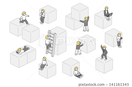 Isometric illustration: A square box with men and women in various poses. Isometric illustration: A square box with men and women in various poses. 141161343