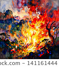An illustration of flames glowing in the darkness, against a fantastical, colorful background. 141161444
