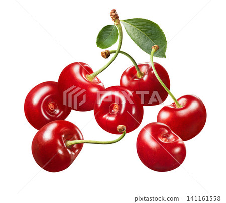 Fresh sweet cherries falling isolated on white background. Real photography Fresh sweet cherries falling isolated on white background. Real photography 141161558