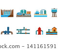 Flat water infrastructure icon set isolated on white background. Collection of dam, water treatment plant, storage tank, pump, pipeline, hydrant, well and utility system vector illustration 141161591