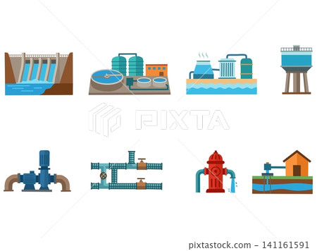 Flat water infrastructure icon set isolated on white background. Collection of dam, water treatment plant, storage tank, pump, pipeline, hydrant, well and utility system vector illustration Flat water infrastructure icon set isolated on white background. Collection of dam, water treatment plant, storage tank, pump, pipeline, hydrant, well and utility system vector illustration 141161591