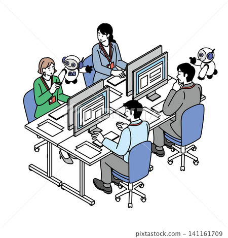 Employees working in an office now equipped with AI agent robots. Employees working in an office now equipped with AI agent robots. 141161709