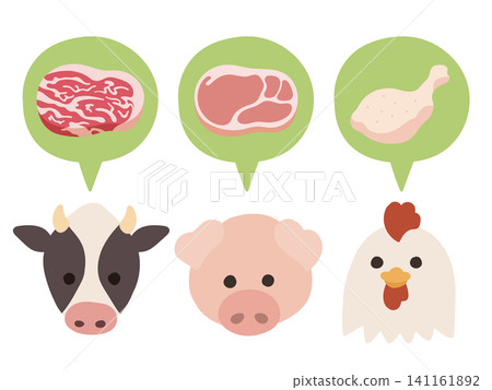 一組以牲畜（牛、豬、雞）和肉類圖示為主題的插圖。 141161892