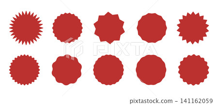 Vintage flat labels. Blank sale stickers, simple silhouette. Red circle stickers. Star burst shape tags for price, shop collection. Wavy edge promo red badges. Graphic illustration. Vintage flat labels. Blank sale stickers, simple silhouette. Red circle stickers. Star burst shape tags for price, shop collection. Wavy edge promo red badges. Graphic illustration. 141162059