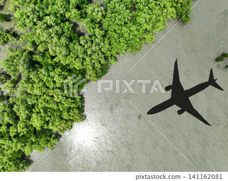 Shadow airplane flying above mangrove forest. Use of biofuel for sustainable aviation. Sustainable transportation. Eco-friendly flight. Aviation sustainability. Reducing aviation's carbon footprint. Shadow airplane flying above mangrove forest. Use of biofuel for sustainable aviation. Sustainable transportation. Eco-friendly flight. Aviation sustainability. Reducing aviation's carbon footprint. 141162081