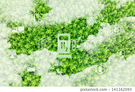 Green hydrogen energy generation using sustainable renewable resources like sun and wind. Hydrogen fuel cell vehicle with zero emissions. Green technology for future. Advancing the hydrogen economy. 141162093