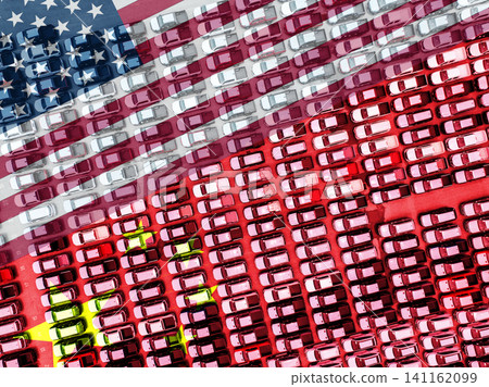 Trade tensions between the US and China on automotive industry, with tariffs disrupting supply chain. Geopolitical factors strain international commerce affecting car manufacturers worldwide. Trade tensions between the US and China on automotive industry, with tariffs disrupting supply chain. Geopolitical factors strain international commerce affecting car manufacturers worldwide. 141162099