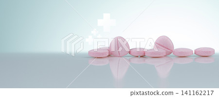 Pink tablets pills on white background. Health and medical care concept. Pharmacy banner. Prescription drug. Pharmaceutical industry. Medical center banner. Vitamins, minerals and supplements concept. Pink tablets pills on white background. Health and medical care concept. Pharmacy banner. Prescription drug. Pharmaceutical industry. Medical center banner. Vitamins, minerals and supplements concept. 141162217