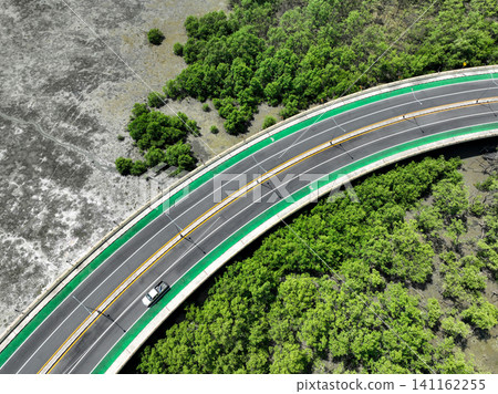 Aerial drone view curve road with green mangrove forest and mudflat beach. Mangroves capture CO2. Natural carbon sink. Blue carbon ecosystems. Mangroves absorb carbon dioxide. Net zero emissions. Aerial drone view curve road with green mangrove forest and mudflat beach. Mangroves capture CO2. Natural carbon sink. Blue carbon ecosystems. Mangroves absorb carbon dioxide. Net zero emissions. 141162255