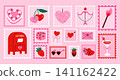 Valentine's Day postage stamps featuring romantic objects and a love-themed collection. Perfect for greeting cards, invitations, scrapbooking, planners, stickers, and seasonal branding. Flat vector il 141162422
