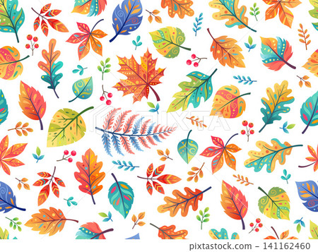 Hand-drawn of stylized autumn leaves pattern of maple, oak, birch, fern, and decorative foliage accented with berries and botanical sprigs, in vibrant colors on a clean white background. Hand-drawn of stylized autumn leaves pattern of maple, oak, birch, fern, and decorative foliage accented with berries and botanical sprigs, in vibrant colors on a clean white background. 141162460