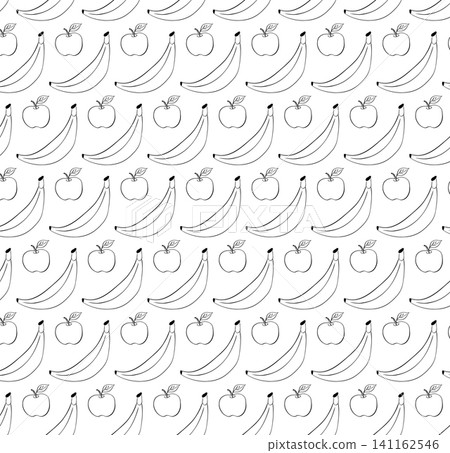 Apples and bananas School seamless pattern Black and white hand drawn illustration. Vector graphic line ink art. Decorative element and restaurant menu, banners, posters, invitations, packaging Apples and bananas School seamless pattern Black and white hand drawn illustration. Vector graphic line ink art. Decorative element and restaurant menu, banners, posters, invitations, packaging 141162546