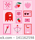 Valentine Day postage stamps featuring romantic objects and love-themed collection. Perfect for greeting cards, invitations, scrapbooking, planners, stickers and seasonal branding. Flat vector 141162598