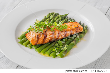 Grilled Salmon Fillet With Fresh Asparagus On Elegant White Plate Grilled Salmon Fillet With Fresh Asparagus On Elegant White Plate 141162725