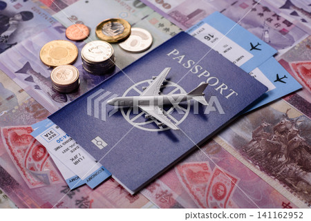 Taiwan, Taiwanese passport or id document with tickets for flight, travel. Taiwanese passport Taiwan, Taiwanese passport or id document with tickets for flight, travel. Taiwanese passport 141162952