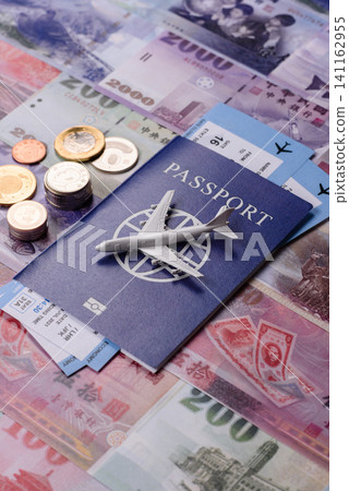 Taiwan, Taiwanese passport or id document with tickets for flight, travel. Taiwanese passport Taiwan, Taiwanese passport or id document with tickets for flight, travel. Taiwanese passport 141162955