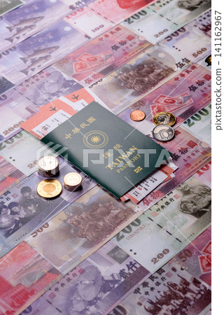 Taiwan, Taiwanese passport or id document with tickets for flight, travel. Taiwanese passport Taiwan, Taiwanese passport or id document with tickets for flight, travel. Taiwanese passport 141162967