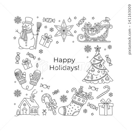 Happy Holidays Christmas Square Greeting Card Doodle Outline Vector Happy Holidays Christmas Square Greeting Card Doodle Outline Vector 141163009