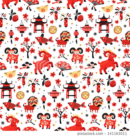 Happy Lunar New Year of Red Fire Goat seamless pattern with , ram and lanterns 141163011