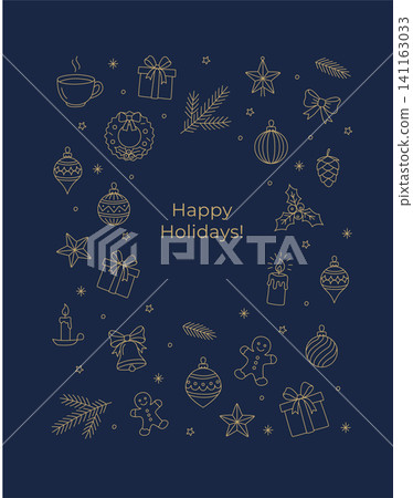 Happy Holidays Christmas vertical Card Ornaments Doodle Outline Vector Happy Holidays Christmas vertical Card Ornaments Doodle Outline Vector 141163033