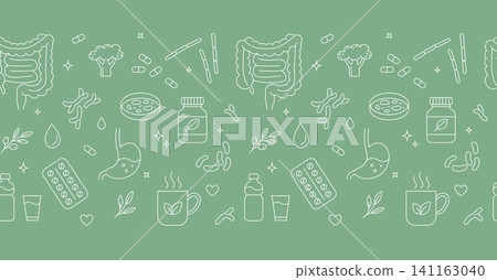Gut health seamless border pattern with probiotics line art Gut health seamless border pattern with probiotics line art 141163040