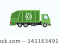 Green garbage truck with recycle symbol for waste management 141163491