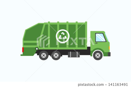 Green garbage truck with recycle symbol for waste management Green garbage truck with recycle symbol for waste management 141163491