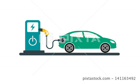 Electric car charging station vector icon illustration with electric vehicle 141163492