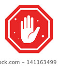 Stop sign with hand gesture symbolizing prohibition caution and safety rules 141163499