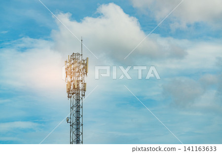 Telecommunication tower with blue sky and clouds. Antenna. Radio and satellite pole. Communication technology. Telecommunication industry. Mobile or telecom 5g network. Telecommunication industry. Telecommunication tower with blue sky and clouds. Antenna. Radio and satellite pole. Communication technology. Telecommunication industry. Mobile or telecom 5g network. Telecommunication industry. 141163633