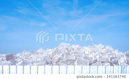 Pile of white plastic basket at factory outdoor warehouse. Many of empty plastic basket against blue sky and white clouds. Basket for store products. Stacked of plastic crates. Cargo and shipping. Pile of white plastic basket at factory outdoor warehouse. Many of empty plastic basket against blue sky and white clouds. Basket for store products. Stacked of plastic crates. Cargo and shipping. 141163740