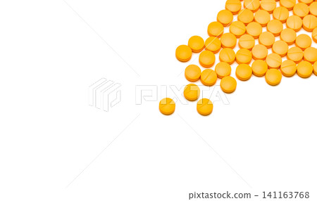 Pain killer tablets pills on white background. Healthcare concept. Painkiller medicine. NSAIDs for anti-inflammation. Pharmaceutical industry. Painkillers or analgesics drug. Diclofenac tablets pills. 141163768