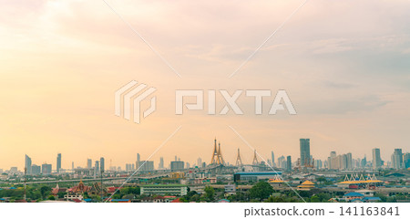 Cityscape of modern building in capital city. Skyscraper building. Green trees in city to reduce air pollution. Oxygen for urban life. Eco-friendly city. Urban skyline. Crowded of highrise building. 141163841