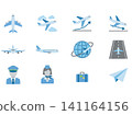 Flat aviation icon collection featuring airplane, airport runway, takeoff, landing, pilot, flight attendant, luggage, globe travel and paper airplane isolated on white background 141164156
