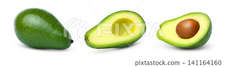 Whole and halved avocados isolated collection. Avocado and half of green fresh avocado with seed and without seed, clipping path. Whole and halved avocados isolated collection. Avocado and half of green fresh avocado with seed and without seed, clipping path. 141164160