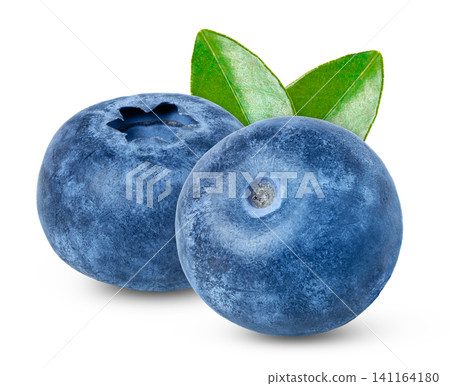 Two ripe blueberries with green leaves isolated. Fresh organic blueberry and green leaf. Two ripe blueberries with green leaves isolated. Fresh organic blueberry and green leaf. 141164180