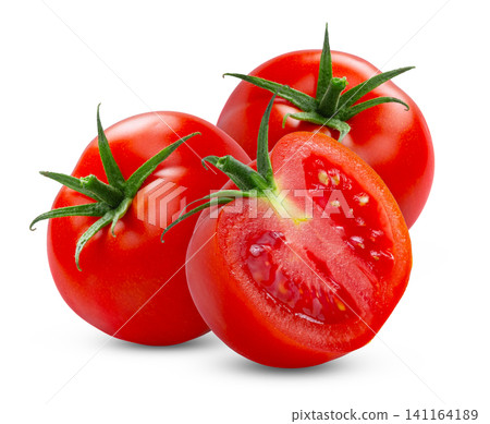 Isolated red tomatoes. Fresh tomato and cut in half of tomato isolated. Not AI, real retouched photo. Isolated red tomatoes. Fresh tomato and cut in half of tomato isolated. Not AI, real retouched photo. 141164189