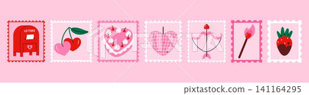 Valentine Day postage stamps featuring romantic objects and love-themed collection. Perfect for greeting cards, invitations, scrapbooking, planners, stickers and seasonal branding. Flat vector Valentine Day postage stamps featuring romantic objects and love-themed collection. Perfect for greeting cards, invitations, scrapbooking, planners, stickers and seasonal branding. Flat vector 141164295