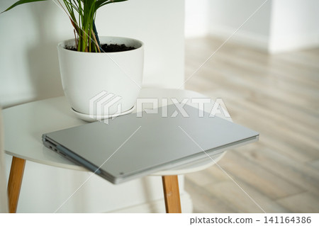 Minimalist home office setup with closed laptop and indoor plant on a white table. Remote work and sustainable workspace design inspiration Minimalist home office setup with closed laptop and indoor plant on a white table. Remote work and sustainable workspace design inspiration 141164386