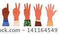 Human hands counting from one to five with raised fingers. Finger-counting. Math and education. Sign language or counting concept. Vector illustration in cartoon style 141164549