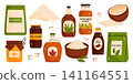 Set of natural organic sweeteners. Healthy sugar substitute collection. Vegan, gluten-free and diabetic-friendly product. Vector illustration in cartoon style. Isolated on white background 141164551