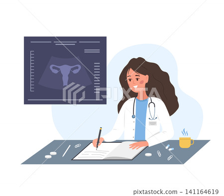 Gynecologist concept. Internal organ scan or physical exam result. Reproductive system diseases. Human uterus. Flat vector illustration Gynecologist concept. Internal organ scan or physical exam result. Reproductive system diseases. Human uterus. Flat vector illustration 141164619