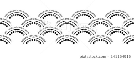 Art Deco black white arches seamless border. Monochrome wavy ornament. Scales ethnic design. Mosaic tiles background. Semicircular and dots elements Art Deco black white arches seamless border. Monochrome wavy ornament. Scales ethnic design. Mosaic tiles background. Semicircular and dots elements 141164916