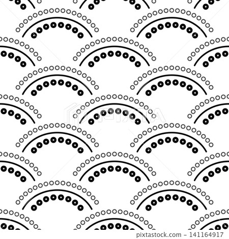 Art Deco black white arches seamless pattern. Monochrome wavy ornament. Scales ethnic design. Mosaic tiles background. Semicircular and dots elements Art Deco black white arches seamless pattern. Monochrome wavy ornament. Scales ethnic design. Mosaic tiles background. Semicircular and dots elements 141164917