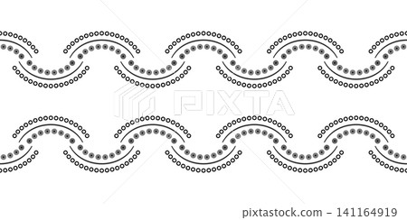 Geometric monochrome seamless border. Wave lacy decor of semicircles and dots. Black geometric shapes Concentric arcs made from small circles. Geometric monochrome seamless border. Wave lacy decor of semicircles and dots. Black geometric shapes Concentric arcs made from small circles. 141164919