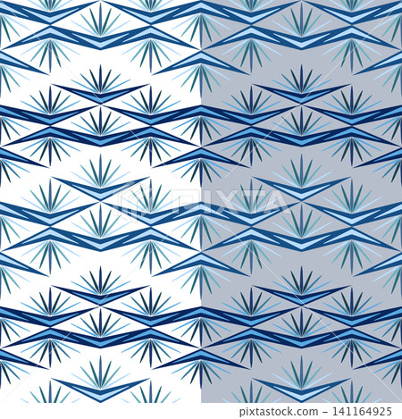 Blue unusual stylized ethnic seamless pattern. Broken zigzag ornament in shades of blue. Abstract wavy design of multi rayed stars. Winter background Blue unusual stylized ethnic seamless pattern. Broken zigzag ornament in shades of blue. Abstract wavy design of multi rayed stars. Winter background 141164925