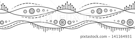 Monochrome abstract wavy seamless border. Black white seamless pattern in zentangle style. Randomly black circles and lines on transparent background. Unusual linear design element 141164931