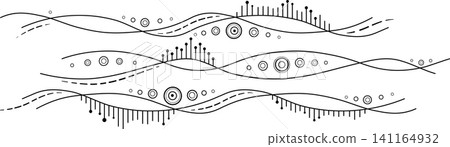 Monochrome abstract wavy lines. Black white illustration in zentangle style. Randomly black circles and lines on transparent background. Unusual linear design element 141164932