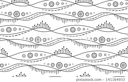 Monochrome abstract wavy seamless pattern. Black white illustration in zentangle style. Randomly black circles and lines on transparent background. Unusual decorative design element 141164933